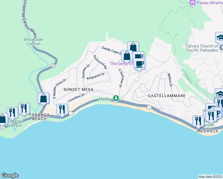 map of restaurants, bars, coffee shops, grocery stores, and more near 18065 Coastline Drive in Malibu