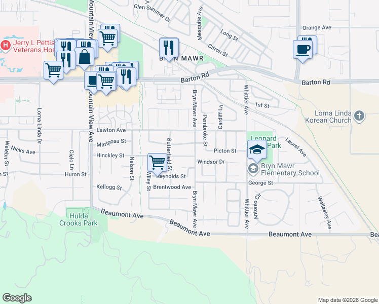 map of restaurants, bars, coffee shops, grocery stores, and more near 26082 Hinckley Street in Loma Linda