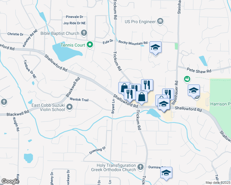 map of restaurants, bars, coffee shops, grocery stores, and more near 2255 Shallowford Road in Marietta