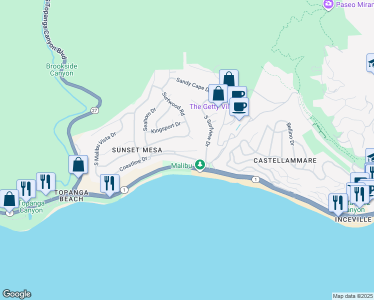 map of restaurants, bars, coffee shops, grocery stores, and more near 18079 Coastline Drive in Malibu