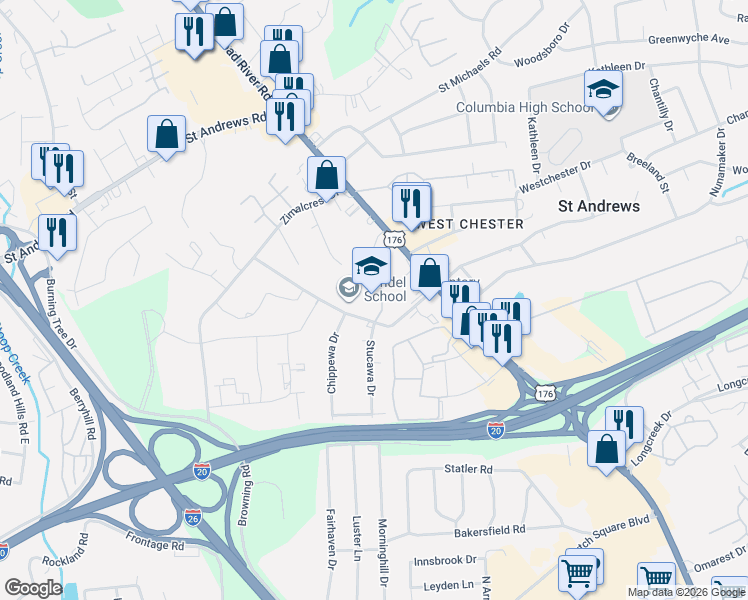 map of restaurants, bars, coffee shops, grocery stores, and more near 2700 Seminole Road in Columbia