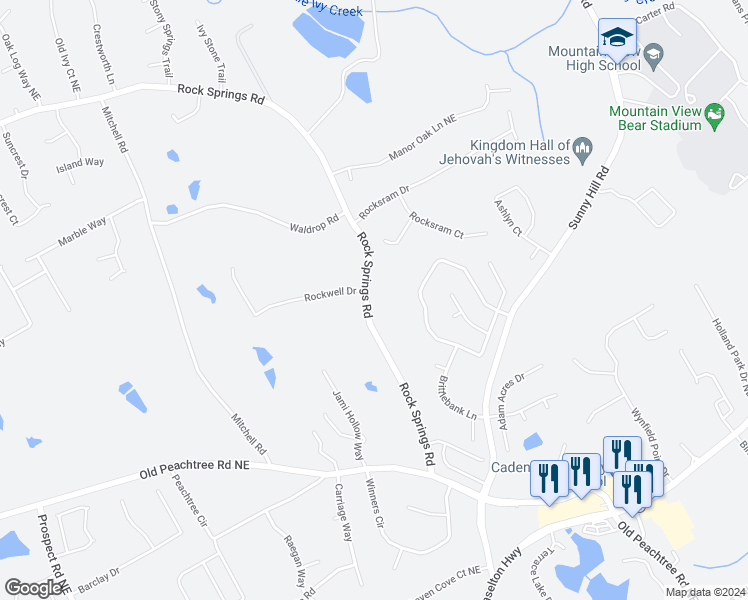 map of restaurants, bars, coffee shops, grocery stores, and more near 2215 Rock Springs Road in Buford