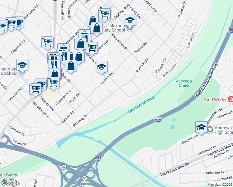 map of restaurants, bars, coffee shops, grocery stores, and more near 2142 Parkway Drive in El Monte