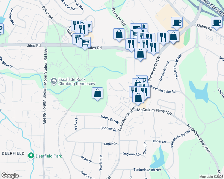 map of restaurants, bars, coffee shops, grocery stores, and more near 1500 Shiloh Place in Kennesaw