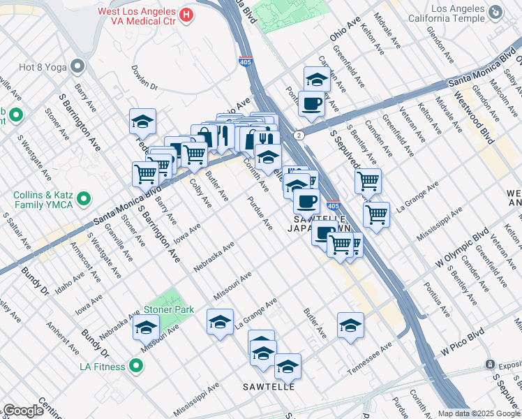 map of restaurants, bars, coffee shops, grocery stores, and more near 11360 Iowa Avenue in Los Angeles