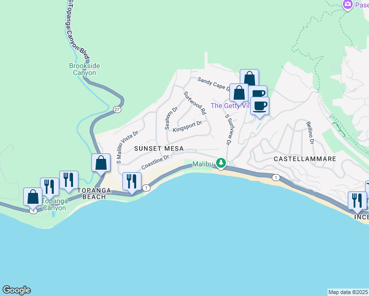 map of restaurants, bars, coffee shops, grocery stores, and more near 18226 Wakecrest Drive in Malibu