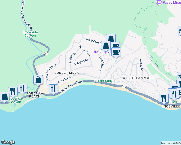 map of restaurants, bars, coffee shops, grocery stores, and more near 18079 Coastline Drive in Malibu