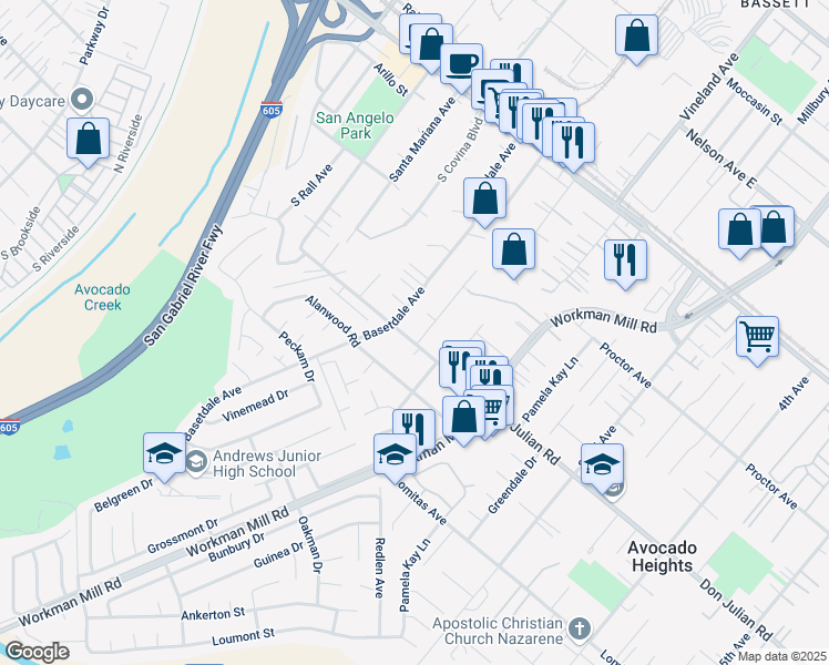 map of restaurants, bars, coffee shops, grocery stores, and more near 434 Basetdale Avenue in La Puente