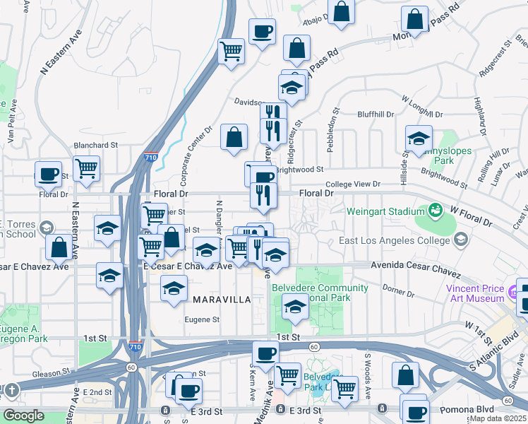 map of restaurants, bars, coffee shops, grocery stores, and more near 4544 Fisher Street in Los Angeles