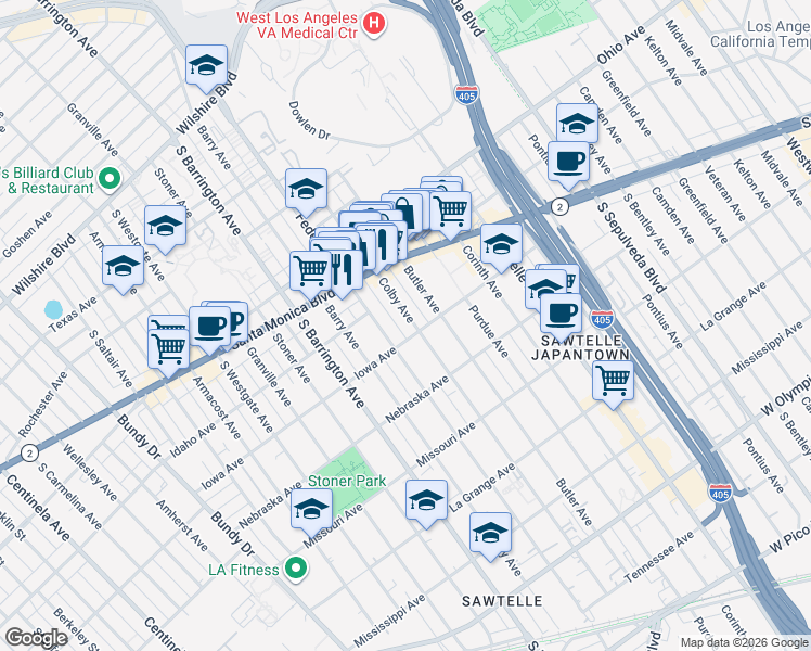 map of restaurants, bars, coffee shops, grocery stores, and more near 1671 Colby Avenue in Los Angeles