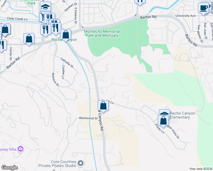 map of restaurants, bars, coffee shops, grocery stores, and more near 11557 Reche Canyon Road in Colton