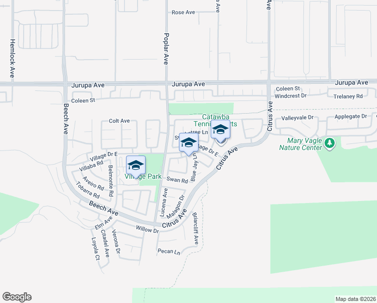 map of restaurants, bars, coffee shops, grocery stores, and more near 15784 Firethorn Road in Fontana