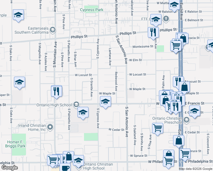 map of restaurants, bars, coffee shops, grocery stores, and more near 722 Buccaneer Court in Ontario