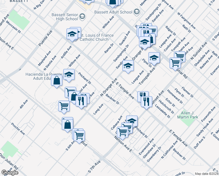 map of restaurants, bars, coffee shops, grocery stores, and more near 547 North Orange Avenue in La Puente