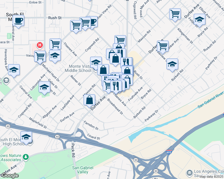 map of restaurants, bars, coffee shops, grocery stores, and more near 11223 Thienes Avenue in South El Monte