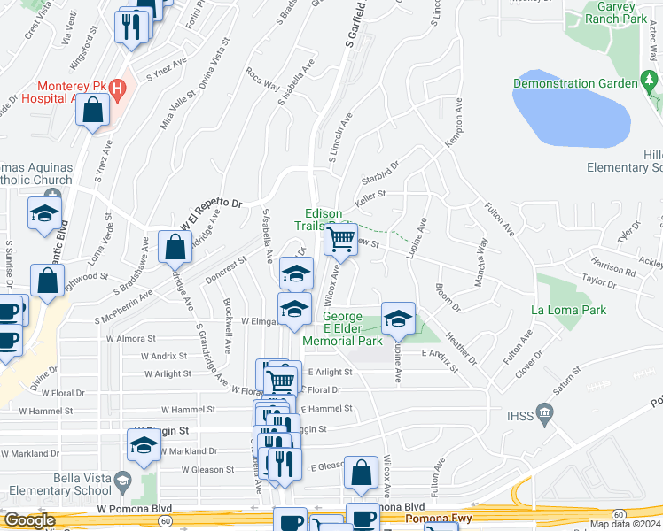 map of restaurants, bars, coffee shops, grocery stores, and more near 1790 South Garfield Avenue in Monterey Park