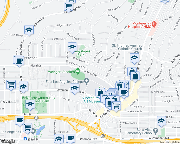 map of restaurants, bars, coffee shops, grocery stores, and more near 1390 Brightwood Street in Monterey Park