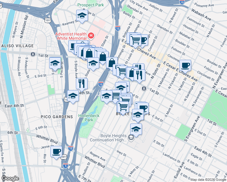 map of restaurants, bars, coffee shops, grocery stores, and more near 2022 East 2nd Street in Los Angeles