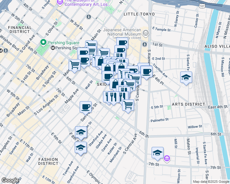 map of restaurants, bars, coffee shops, grocery stores, and more near in Los Angeles