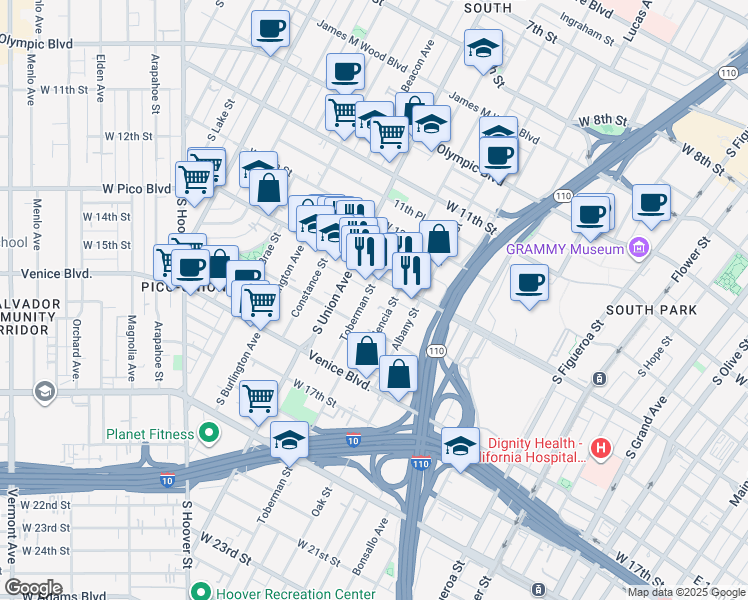 map of restaurants, bars, coffee shops, grocery stores, and more near 1558 West Pico Boulevard in Los Angeles