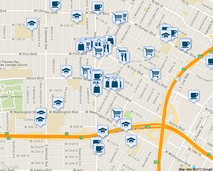 map of restaurants, bars, coffee shops, grocery stores, and more near 1433 Malvern Avenue in Los Angeles