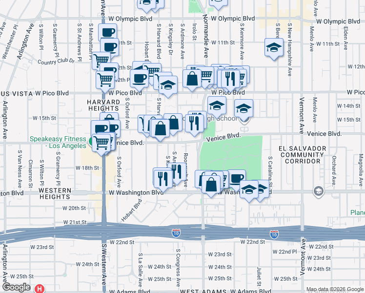 map of restaurants, bars, coffee shops, grocery stores, and more near 2055 Venice Boulevard in Los Angeles