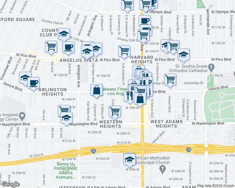map of restaurants, bars, coffee shops, grocery stores, and more near in Los Angeles