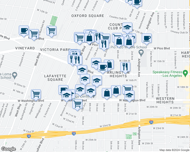 map of restaurants, bars, coffee shops, grocery stores, and more near 3617 Venice Boulevard in Los Angeles