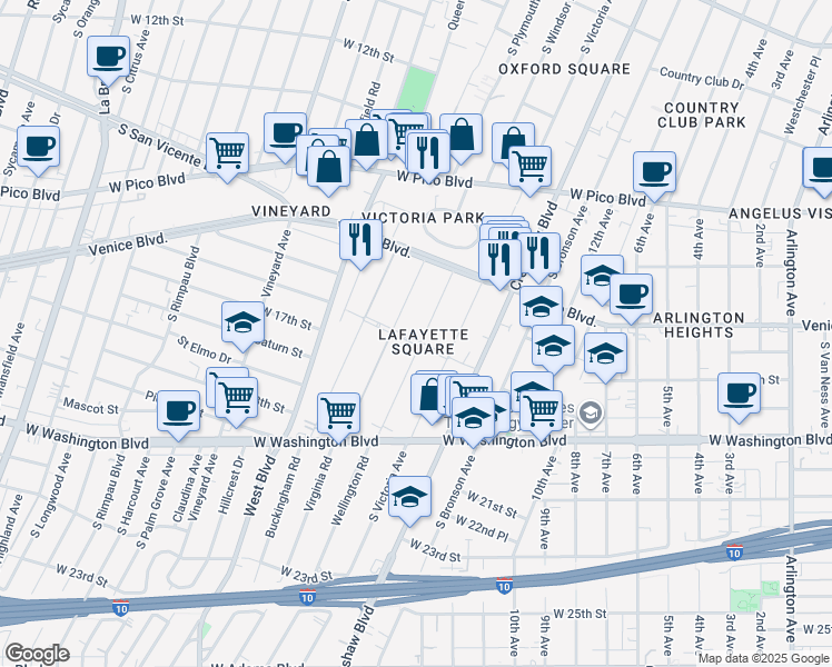 map of restaurants, bars, coffee shops, grocery stores, and more near 1663 Wellington Road in Los Angeles