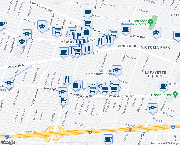 map of restaurants, bars, coffee shops, grocery stores, and more near 1719 South Longwood Avenue in Los Angeles