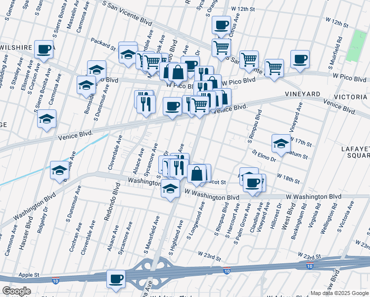 map of restaurants, bars, coffee shops, grocery stores, and more near 1712 South Mansfield Avenue in Los Angeles