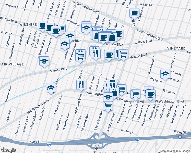 map of restaurants, bars, coffee shops, grocery stores, and more near 1707 South Sycamore Avenue in Los Angeles