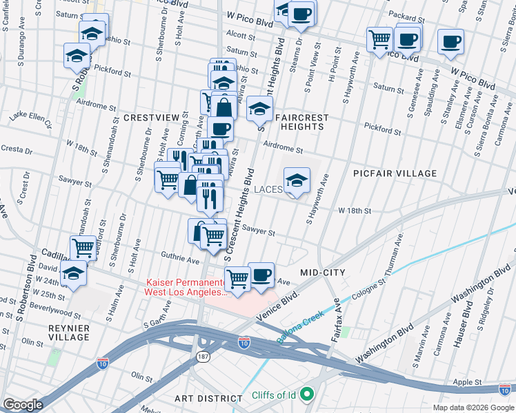 map of restaurants, bars, coffee shops, grocery stores, and more near 1801 Stearns Drive in Los Angeles