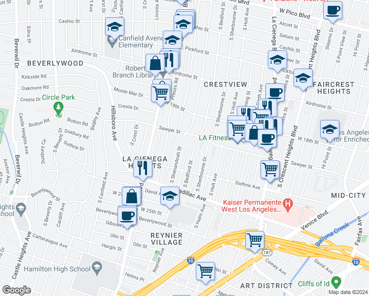 map of restaurants, bars, coffee shops, grocery stores, and more near 1907 South Shenandoah Street in Los Angeles