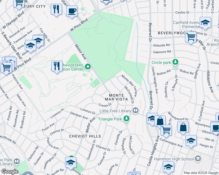 map of restaurants, bars, coffee shops, grocery stores, and more near 2710 Forrester Drive in Los Angeles