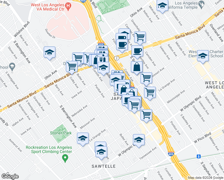 map of restaurants, bars, coffee shops, grocery stores, and more near 1800 Sawtelle Boulevard in Los Angeles