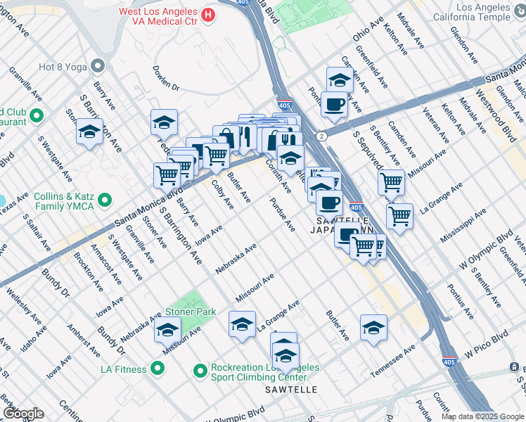 map of restaurants, bars, coffee shops, grocery stores, and more near 11360 Iowa Avenue in Los Angeles