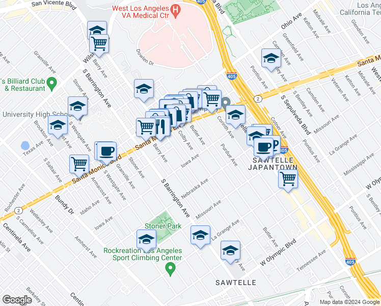 map of restaurants, bars, coffee shops, grocery stores, and more near 1652 Colby Avenue in Los Angeles
