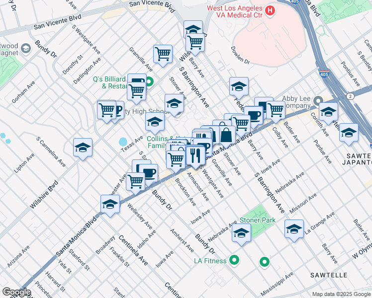 map of restaurants, bars, coffee shops, grocery stores, and more near 1452 South Westgate Avenue in Los Angeles