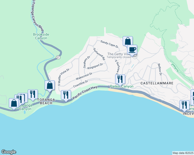 map of restaurants, bars, coffee shops, grocery stores, and more near 18128 Wakecrest Drive in Malibu
