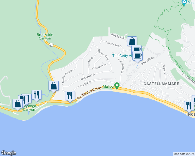 map of restaurants, bars, coffee shops, grocery stores, and more near 18226 Wakecrest Drive in Malibu