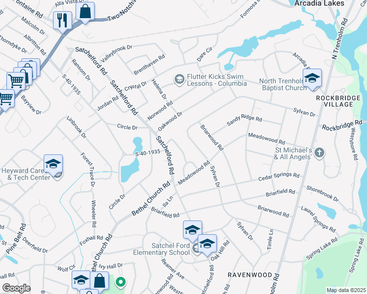 map of restaurants, bars, coffee shops, grocery stores, and more near 6439 Sylvan Drive in Columbia