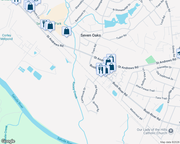 map of restaurants, bars, coffee shops, grocery stores, and more near 115 Tram Road in Columbia