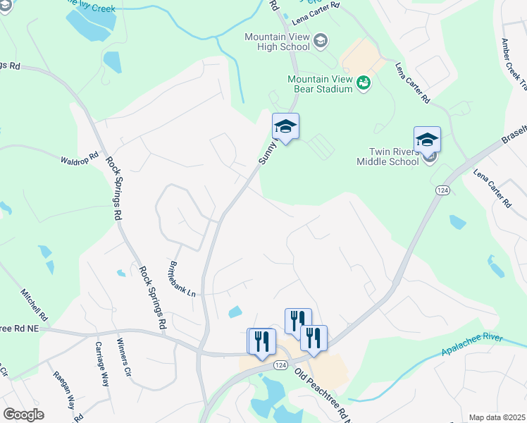 map of restaurants, bars, coffee shops, grocery stores, and more near 2199 Sunny Hill Road in Lawrenceville