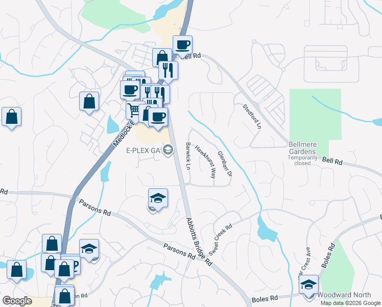 map of restaurants, bars, coffee shops, grocery stores, and more near 6360 Barwick Lane in Duluth