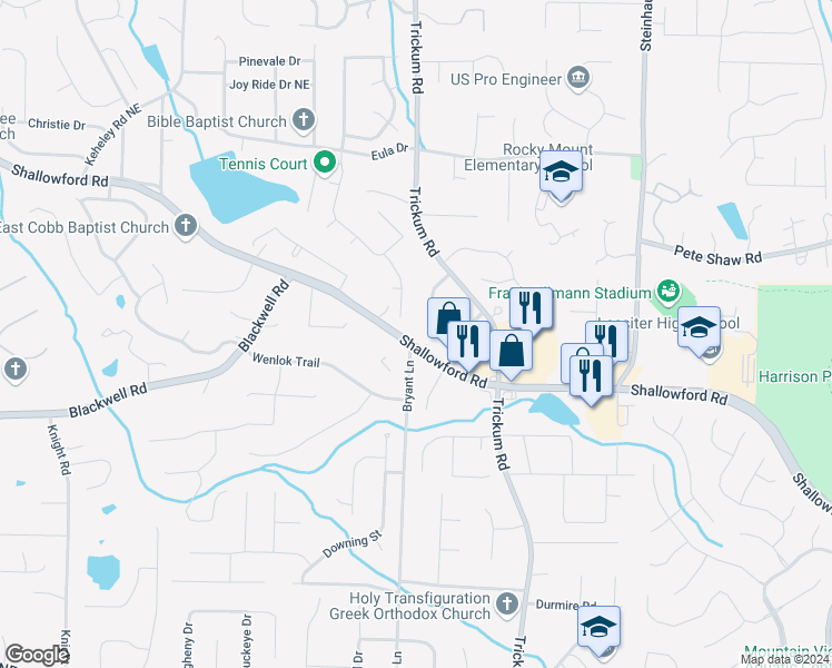 map of restaurants, bars, coffee shops, grocery stores, and more near 2255 Shallowford Road in Marietta