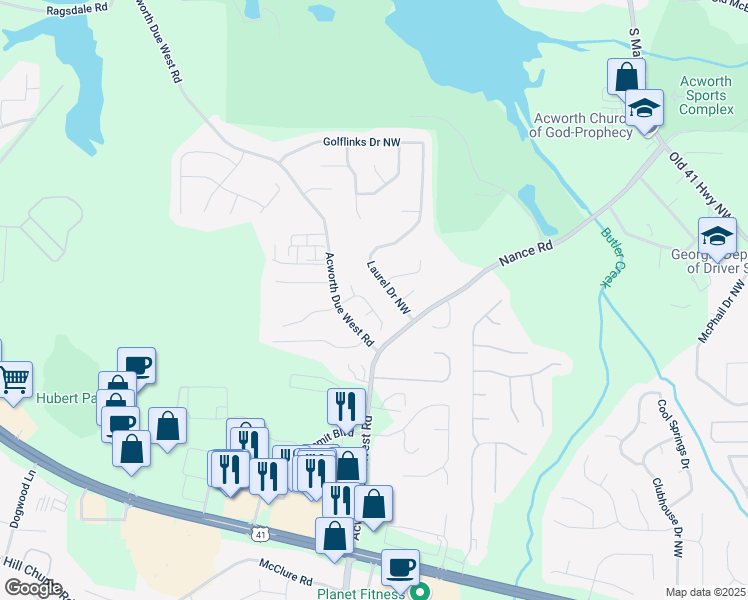 map of restaurants, bars, coffee shops, grocery stores, and more near 1111 Lauren Way in Acworth