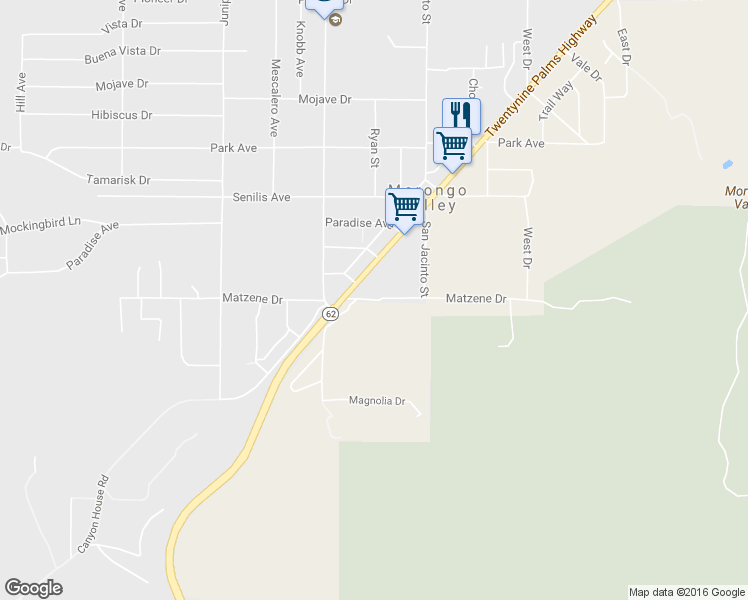 map of restaurants, bars, coffee shops, grocery stores, and more near Matzene Drive in Morongo Valley