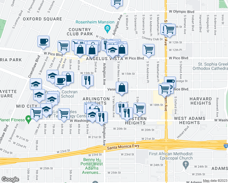 map of restaurants, bars, coffee shops, grocery stores, and more near in Los Angeles