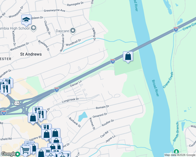 map of restaurants, bars, coffee shops, grocery stores, and more near 1728 Devonwood Drive in Columbia